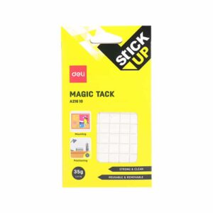 DELI A21610 MAGIC TACK 35G PKT  Features Product Name: DELI A21610 MAGIC TACK Specification: 1×1cm/tack, 100×60mm Material: Rubber, Clay, Glue Packaging: 1 pad(60tacks) /Hanging Color box 1: 35gram/pad (60 tacks) 2: 6×10 tacks